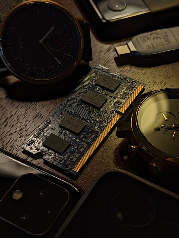Close-up of a RAM module surrounded by gadgets on a wooden desk.